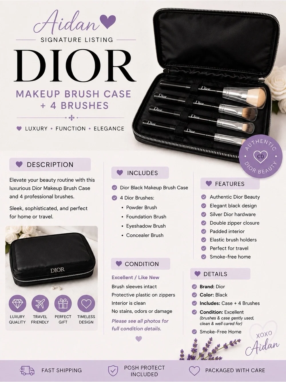 Dior Black Makeup Brush Case & 4-Piece Brush Set Travel Organizer Cosmetic Bag